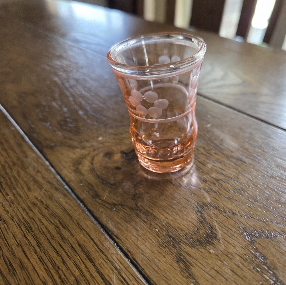 Vintage Pink Depression Shot Glass With Etched Flowers